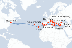Carte itinéraire croisière - 45 jours au départ de New York - Amérique du Nord