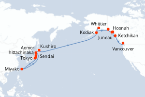 Carte itinéraire croisière - 19 jours au départ de Tokyo - Alaska