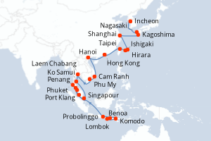Carte itinéraire croisière - 35 jours au départ de Benoa - Asie
