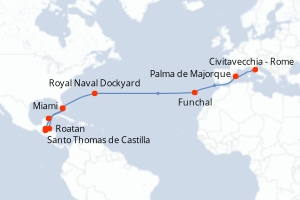 Carte itinéraire croisière  - 21 jours au départ de Civitavecchia - Rome - Transatlantique