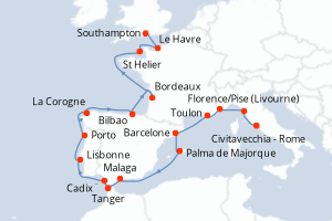 Carte itinéraire croisière  - 20 jours au départ de Civitavecchia - Rome - Europe du Nord