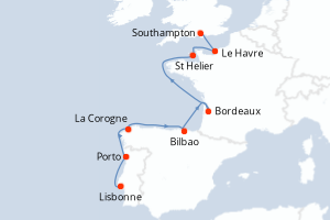 Carte itinéraire croisière  - 10 jours au départ de Lisbonne - Europe du Nord