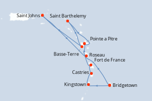 Carte itinéraire croisière - 10 jours au départ de Bridgetown - Caraïbes Bahamas