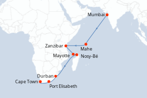 Carte itinéraire croisière - 20 jours au départ de Mumbai - Afrique du Sud
