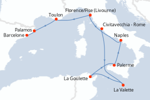 Carte itinéraire croisière - 10 jours au départ de Civitavecchia - Rome - Méditerranée