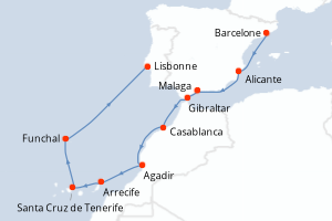 Carte itinéraire croisière - 12 jours au départ de Barcelone - Atlantique