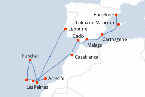 Carte itinéraire croisière - 14 jours au départ de Lisbonne - Méditerranée