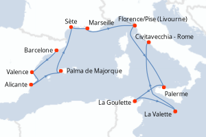 Carte itinéraire croisière - 14 jours au départ de Barcelone - Méditerranée