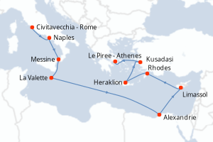 Carte itinéraire croisière - 14 jours au départ de Civitavecchia - Rome - Méditerranée