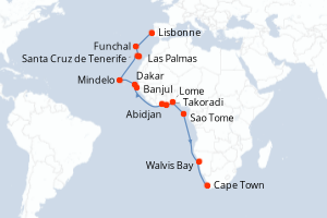 Carte itinéraire croisière - 25 jours au départ de Lisbonne - Afrique du Sud
