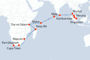 Carte itinéraire croisière - 28 jours au départ de Cape Town - Asie