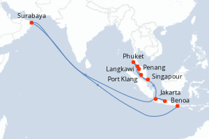 Carte itinéraire croisière - 12 jours au départ de Singapour - Asie