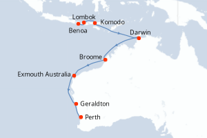 Carte itinéraire croisière - 14 jours au départ de Benoa - Australie Nouvelle Zélande