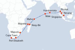 Carte itinéraire croisière - 25 jours au départ de Singapour - Afrique du Sud