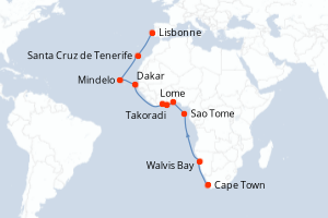 Carte itinéraire croisière - 20 jours au départ de Cape Town - Atlantique