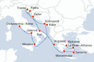 Carte itinéraire croisière  - 14 jours au départ de Civitavecchia - Rome - Méditerranée