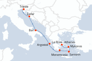 Carte itinéraire croisière - 7 jours au départ de Trieste - Méditerranée