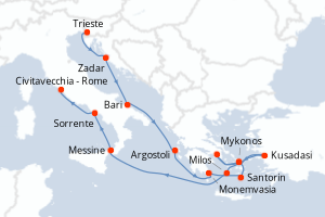 Carte itinéraire croisière  - 14 jours au départ de Trieste - Méditerranée