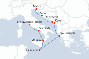 Carte itinéraire croisière - 9 jours au départ de Civitavecchia - Rome - Méditerranée