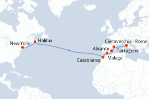 Carte itinéraire croisière - 14 jours au départ de Civitavecchia - Rome - Transatlantique