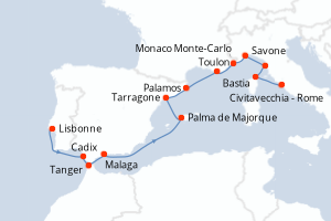 Carte itinéraire croisière - 14 jours au départ de Lisbonne - Méditerranée