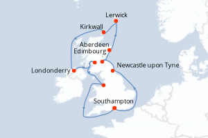 Carte itinéraire croisière  - 12 jours au départ de Southampton - Europe du Nord