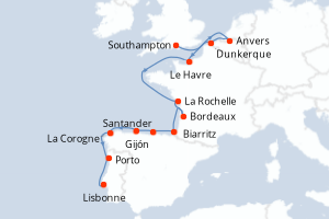 Carte itinéraire croisière - 13 jours au départ de Southampton - Atlantique