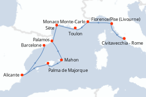 Carte itinéraire croisière - 11 jours au départ de Civitavecchia - Rome - Méditerranée