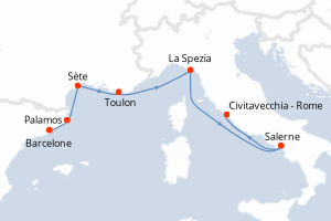 Carte itinéraire croisière - 7 jours au départ de Barcelone - Méditerranée