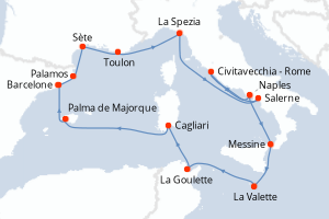 Carte itinéraire croisière  - 15 jours au départ de Barcelone - Méditerranée