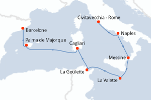 Carte itinéraire croisière - 8 jours au départ de Civitavecchia - Rome - Méditerranée