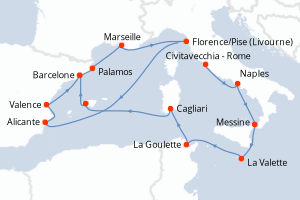 Carte itinéraire croisière  - 15 jours au départ de Civitavecchia - Rome - Méditerranée