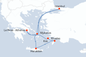 Carte itinéraire croisière - 7 jours au départ de Le Piree - Athenes - Méditerranée