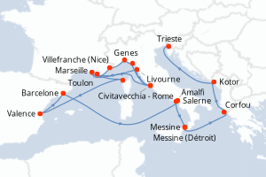 Carte itinéraire croisière - 21 jours au départ de Civitavecchia - Rome - Méditerranée