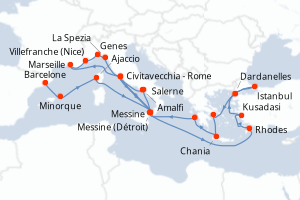 Carte itinéraire croisière - 28 jours au départ de Barcelone - Méditerranée