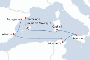 Carte itinéraire croisière - 7 jours au départ de Tarragone - Méditerranée