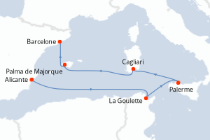 Carte itinéraire croisière - 6 jours au départ de Alicante - Méditerranée