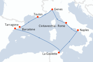 Carte itinéraire croisière - 7 jours au départ de Barcelone - Méditerranée