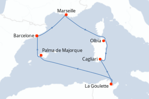 Carte itinéraire croisière - 7 jours au départ de Barcelone - Méditerranée