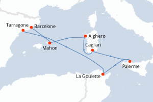 Carte itinéraire croisière - 7 jours au départ de Barcelone - Méditerranée