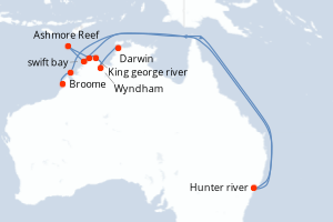 Carte itinéraire croisière - 10 jours au départ de Broome - Australie Nouvelle Zélande