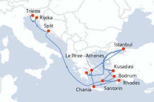 Carte itinéraire croisière - 21 jours au départ de Trieste - Méditerranée