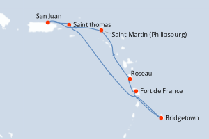 Carte itinéraire croisière - 7 jours au départ de San Juan - Caraïbes Bahamas