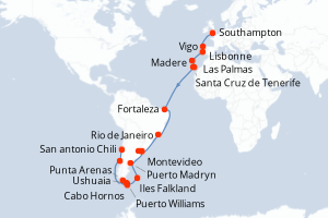 Carte itinéraire croisière - 37 jours au départ de Southampton - Transatlantique