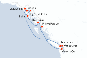 Carte itinéraire croisière - 11 jours au départ de Vancouver - Alaska