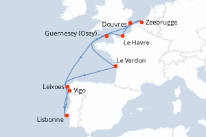Carte itinéraire croisière - 11 jours au départ de Douvres - Europe du Nord