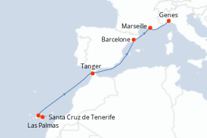 Carte itinéraire croisière - 7 jours au départ de Las Palmas - Méditerranée