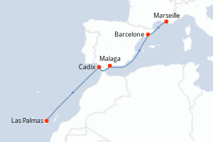 Carte itinéraire croisière - 6 jours au départ de Marseille - Iles Canaries