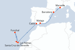 Carte itinéraire croisière - 9 jours au départ de Marseille - Iles Canaries