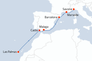 Carte itinéraire croisière - 7 jours au départ de Savone - Iles Canaries